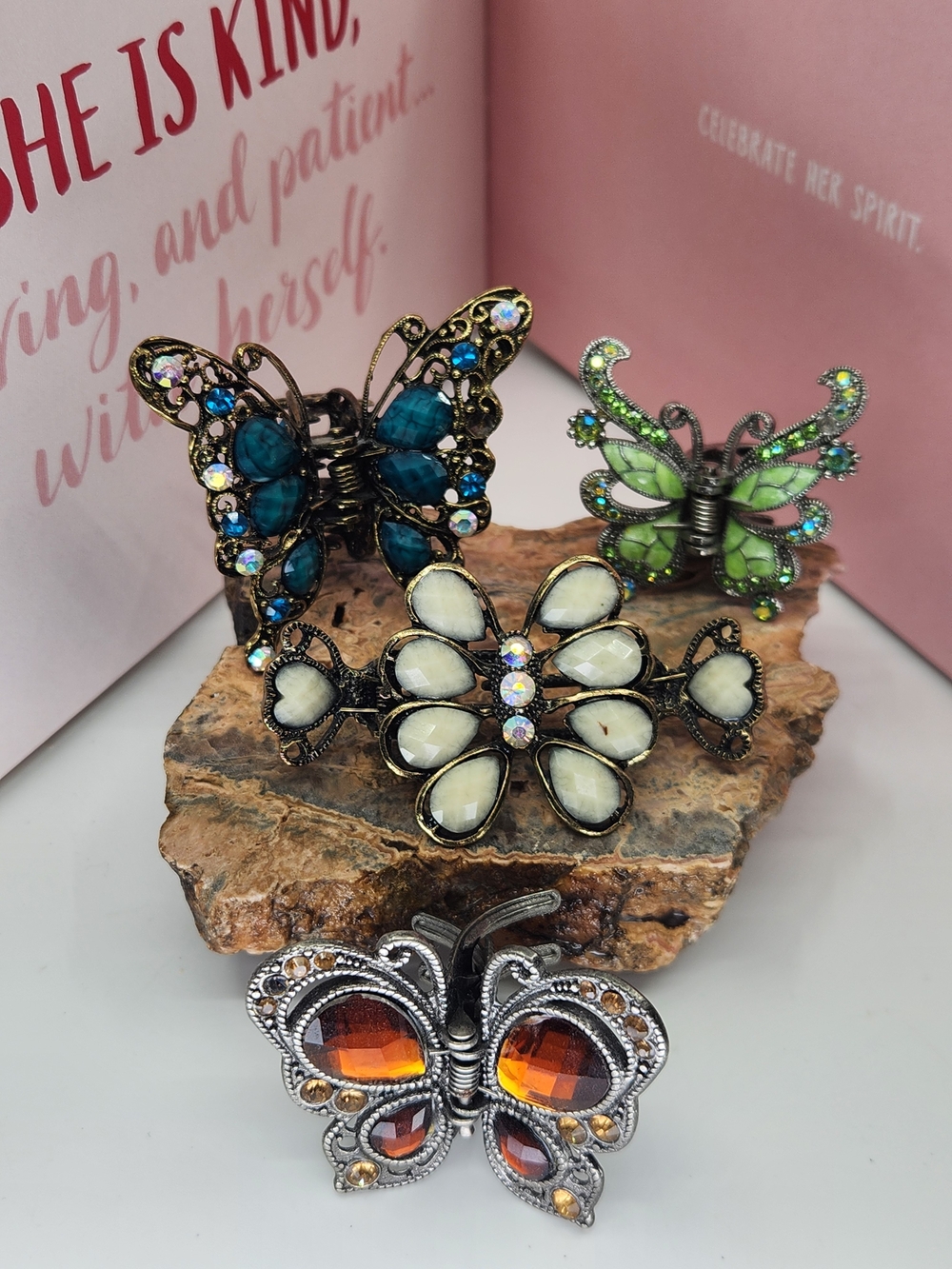 Butterfly Crystal Hair Clips - Blue, Green, Ivory, Amber